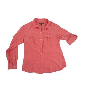 Tommy Bahama Women's M Button Up LS Blouse - Fold Up Coral 100% Silk FLAW
